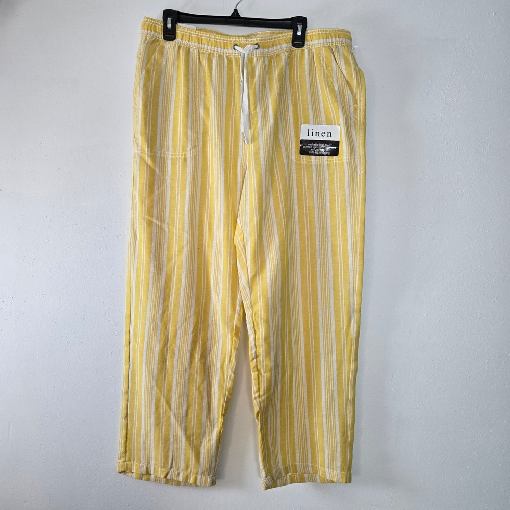 Dash Womens Linen Blend Pants Large Yellow New Stripe Wide Leg Drawstring Casual